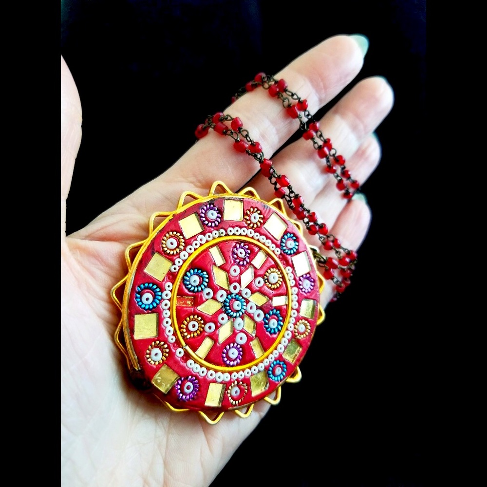 Vintage 70s Mosaic Glass and Beaded Pendant Necklace Made in India